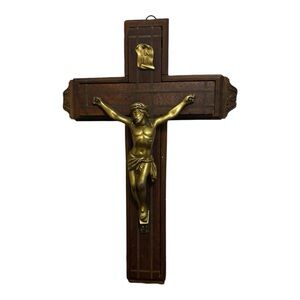 Jesus Crucifix Hanging Wall Art with Wooden Cross Brown/Bronze